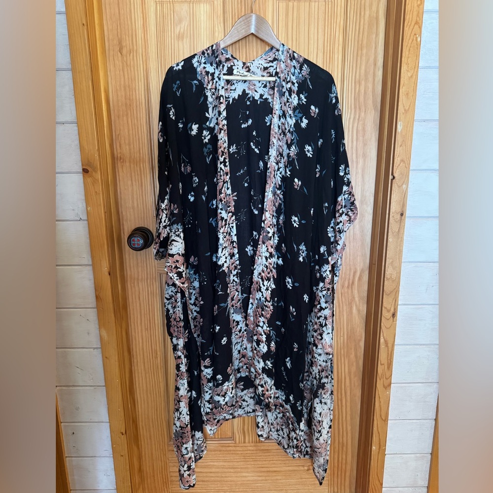 Michael Stars Black Floral Print Kimono with Pink and Blue Accents